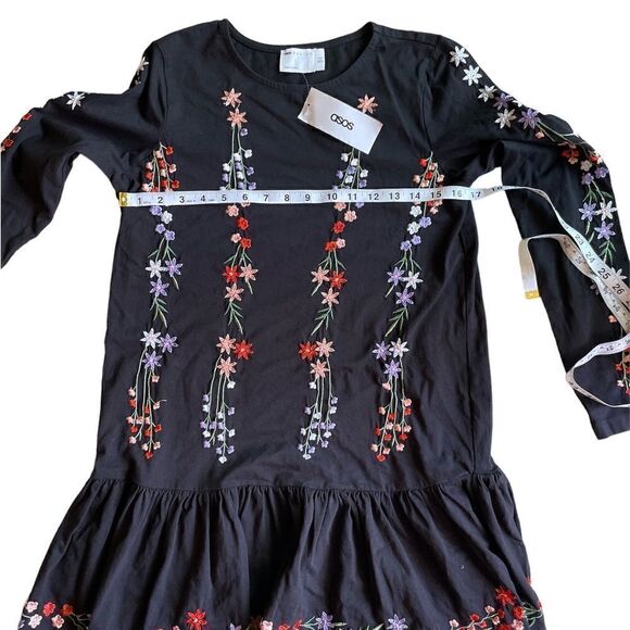 ASOS DESIGN long sleeve smock dress with pep hem with floral embroidery Size 2 - Picture 11 of 12